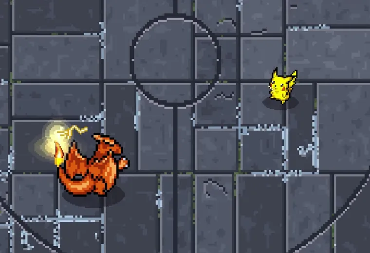 Developer preview: Charizard and Pikachu stand apart on a cracked stone arena with circular markings.