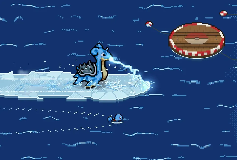 Developer preview: Lapras fires a pale blue beam from an ice path over water, with Squirtle below.